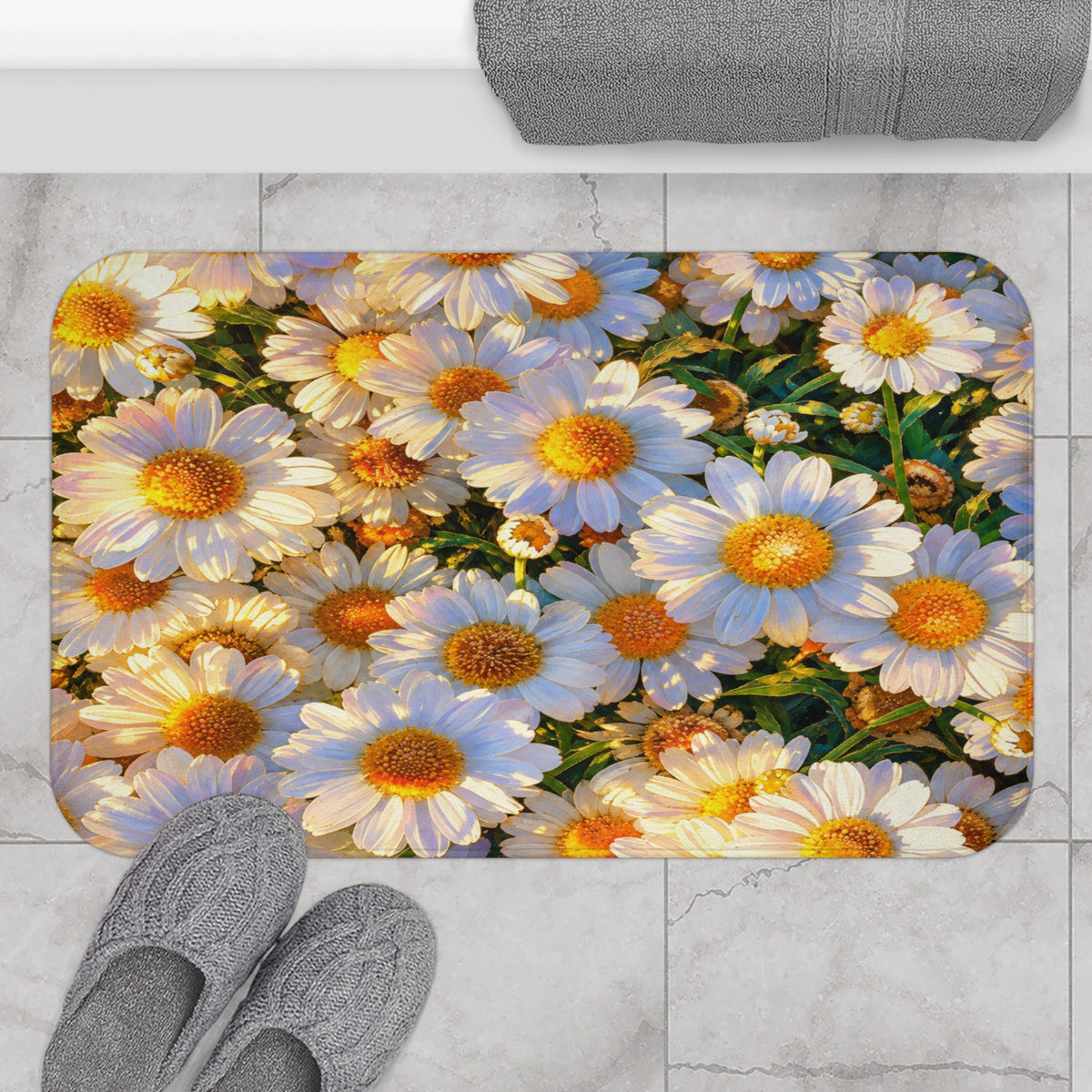The Dawning Field bath mat featuring white daisy blooms, styled on gray bathroom floor tile next to knit slippers.