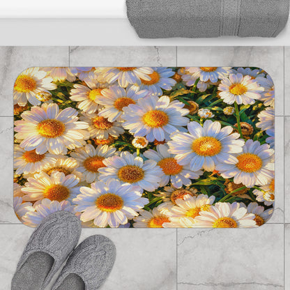 The Dawning Field bath mat featuring white daisy blooms, styled on gray bathroom floor tile next to knit slippers.