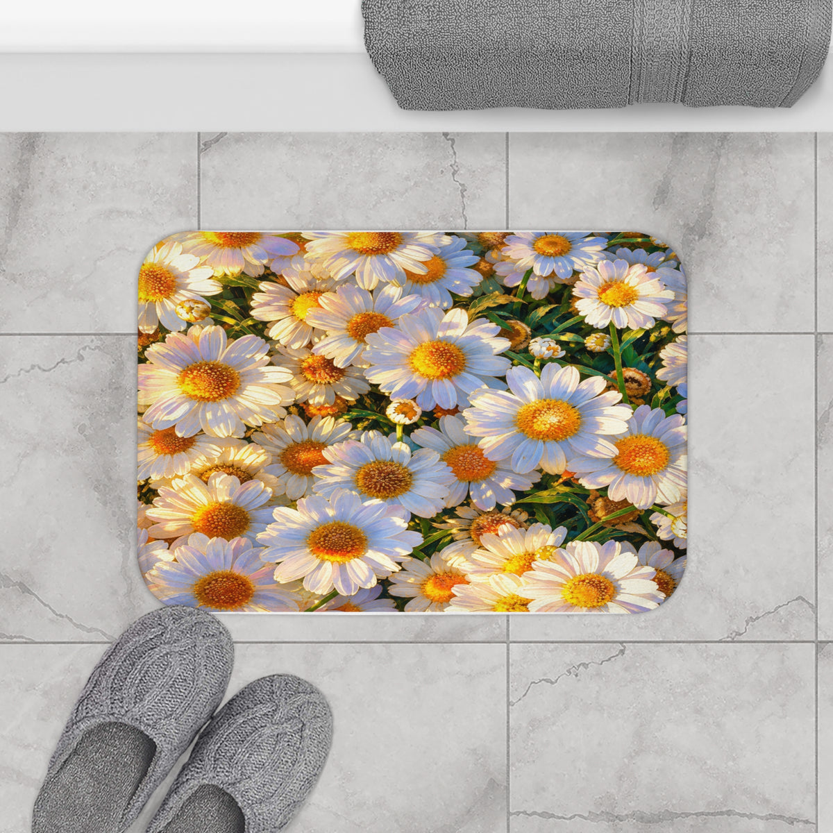 Overhead top-down view of The Dawning Field bath mat printed with sunny white daisies on a tiled bathroom floor.