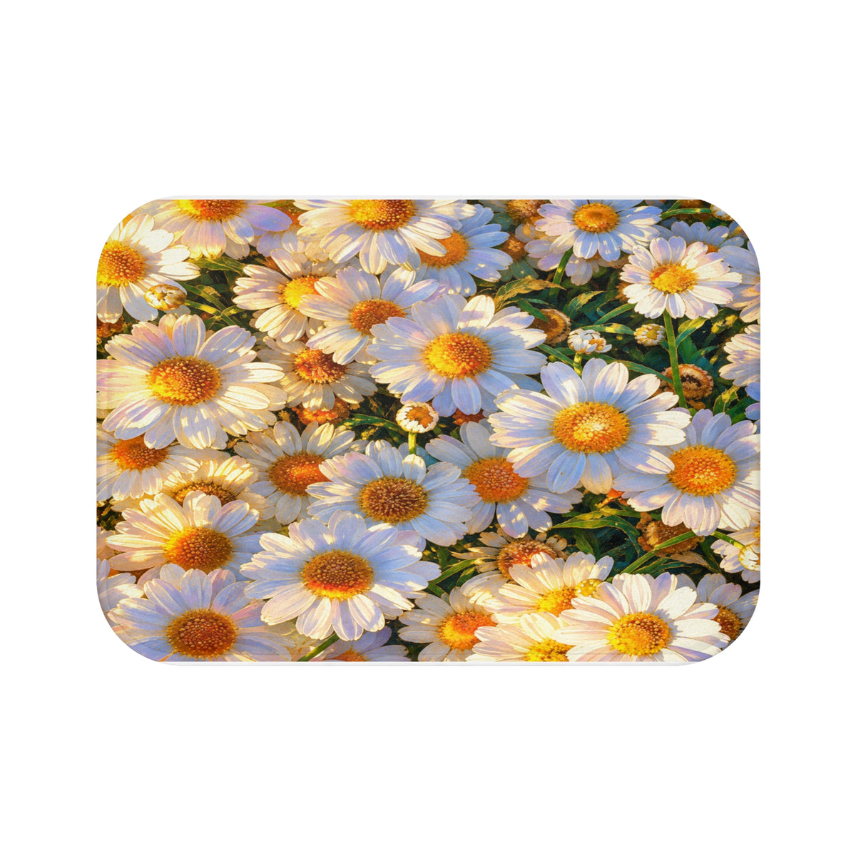 Full front view of The Dawning Field bath mat with rounded corners, displaying a bright field of white daisy flowers.