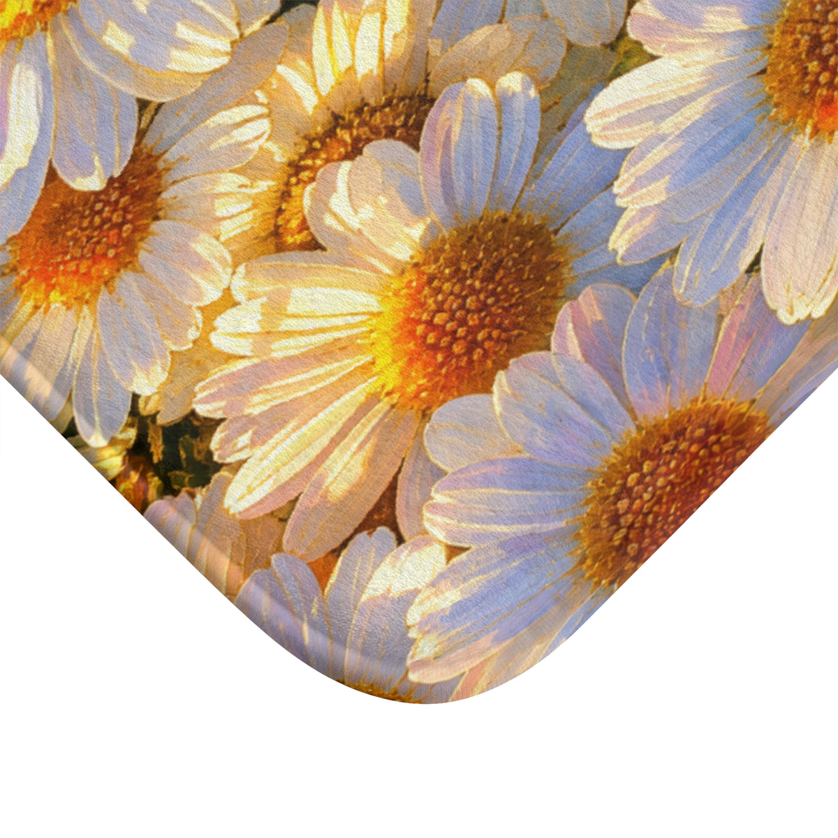 Macro close-up of The Dawning Field bath mat showing petal texture, print clarity, and rounded edge seam.