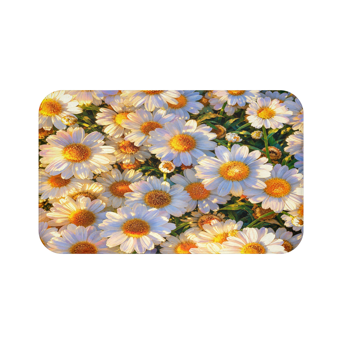 Frontal perspective of The Dawning Field rectangular bath mat with vibrant white and yellow daisy botanical artwork.