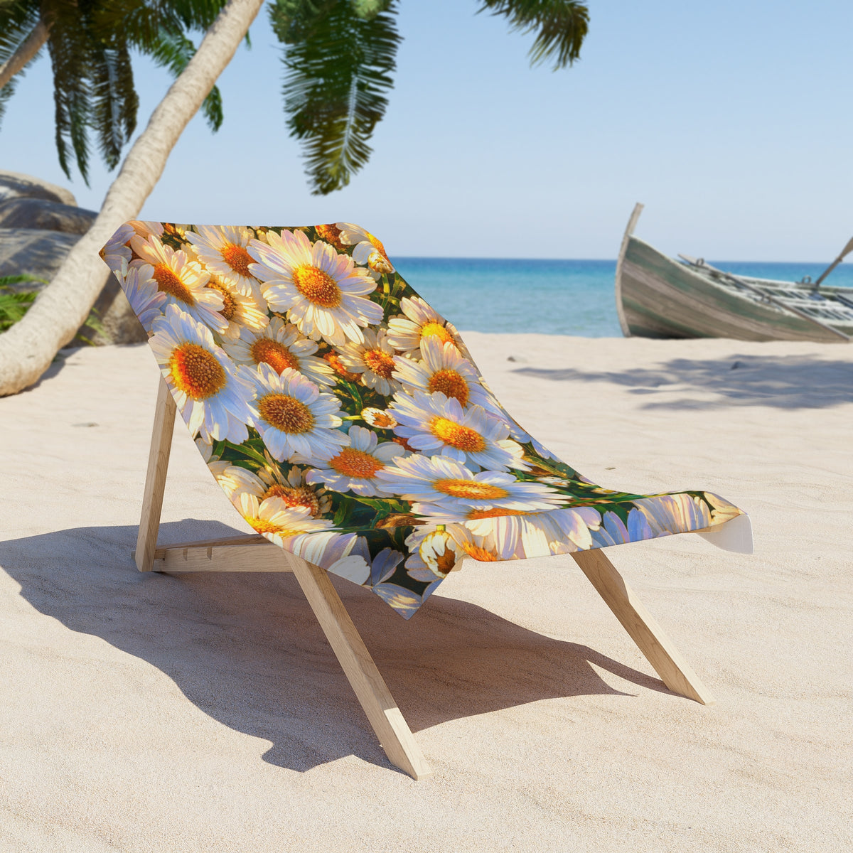 The Dawning Field daisy print beach towel neatly draped over a wooden beach lounge chair on sunny tropical sand.