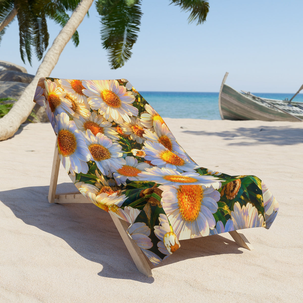 The Dawning Field beach towel spread fully across a wooden chaise lounge on a tropical ocean beach with palm trees.