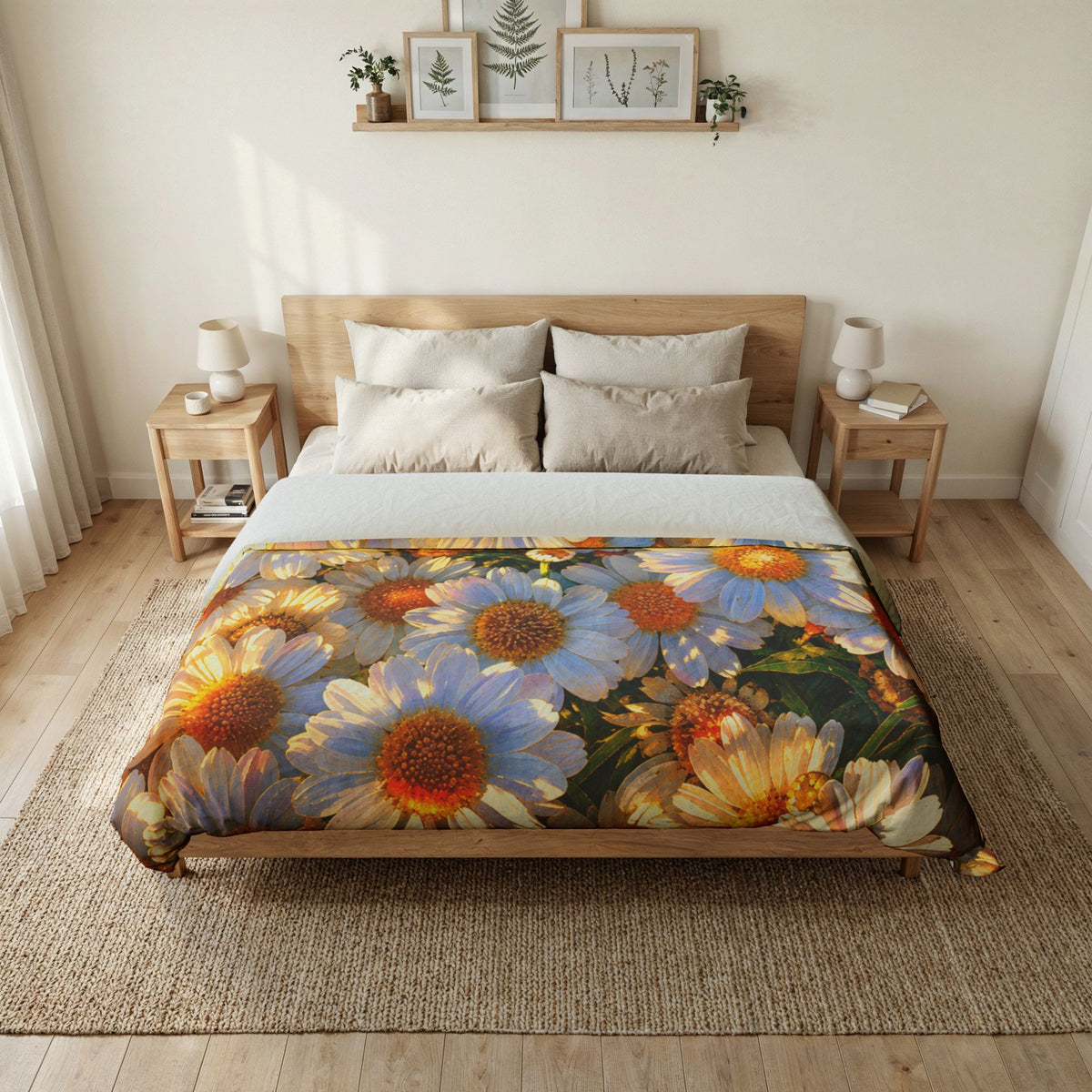 The Dawning Field cotton duvet cover displayed on a double wooden bed over a woven rug in a sunlit bedroom setting.