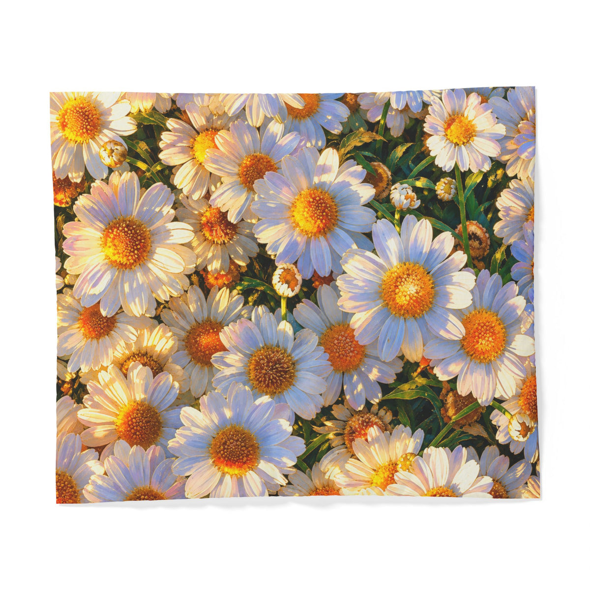 Flat-lay product view of The Dawning Field cotton duvet cover showcasing the full golden-hour daisy print.