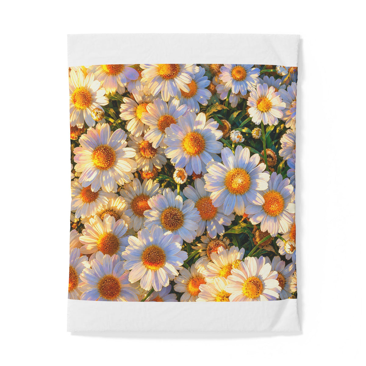 The Dawning Field duvet cover laid flat with white top and bottom borders framing the central daisy design.
