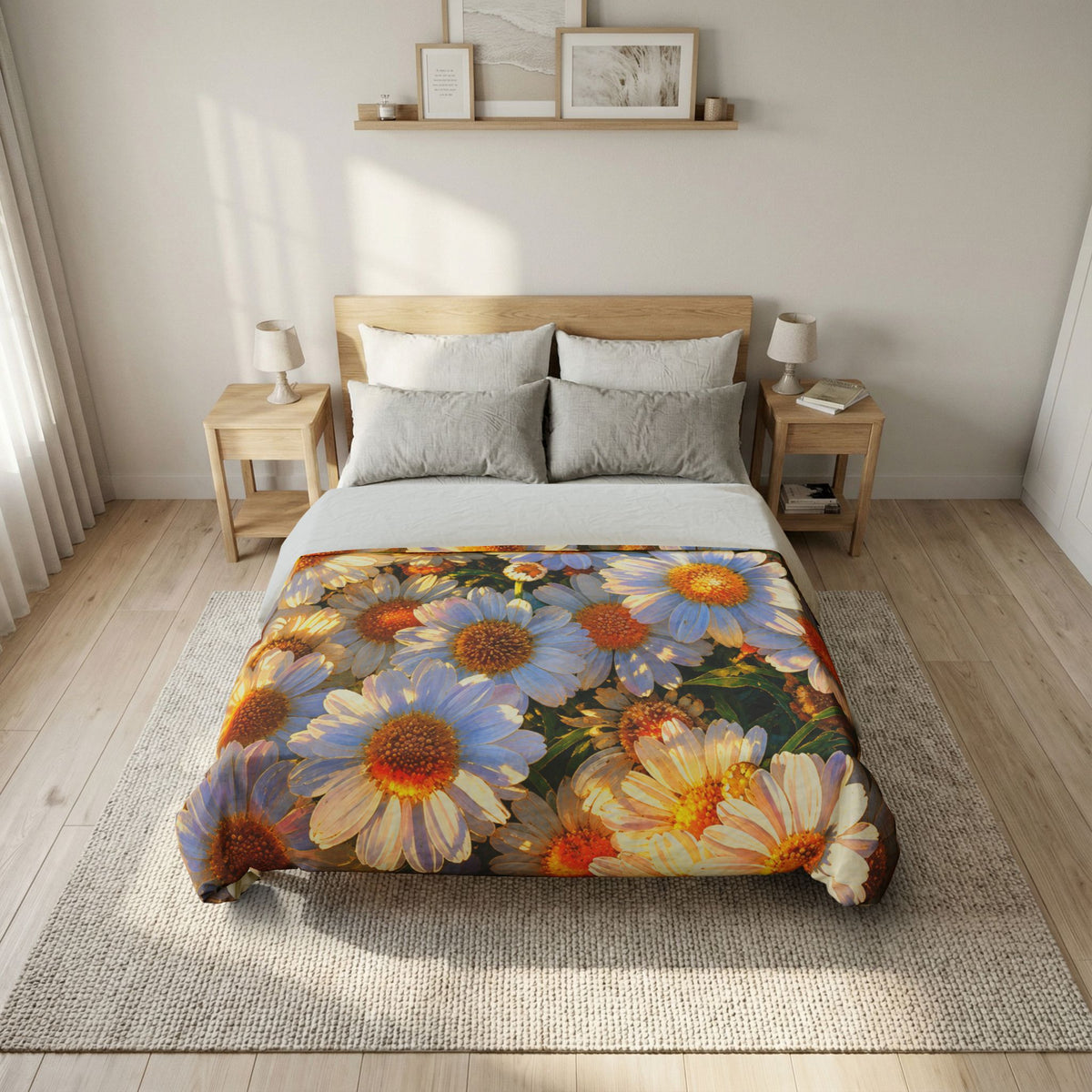 Front view of The Dawning Field floral cotton duvet cover styled on a wood-frame bed flanked by nightstands.