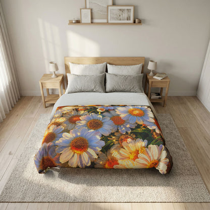 Front view of The Dawning Field floral cotton duvet cover styled on a wood-frame bed flanked by nightstands.