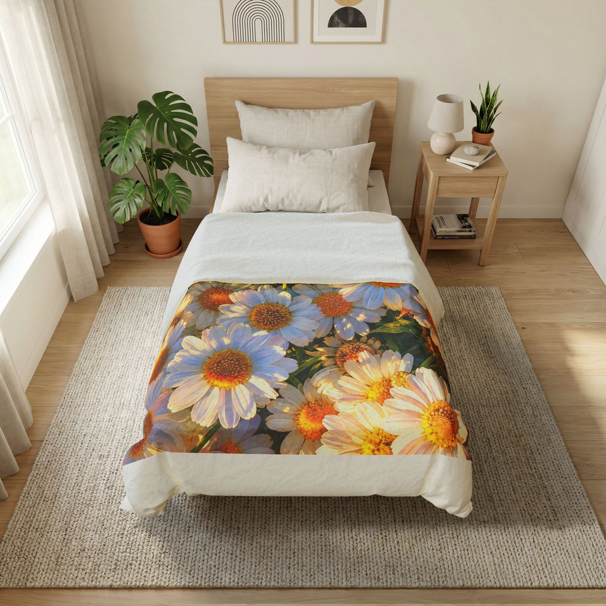 Eye-level view of The Dawning Field daisy art duvet cover on a twin bed in a neutral Scandinavian interior.