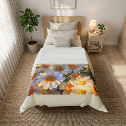 High-angle perspective of The Dawning Field duvet cover on a single wooden bed in a bright bedroom with a plant.