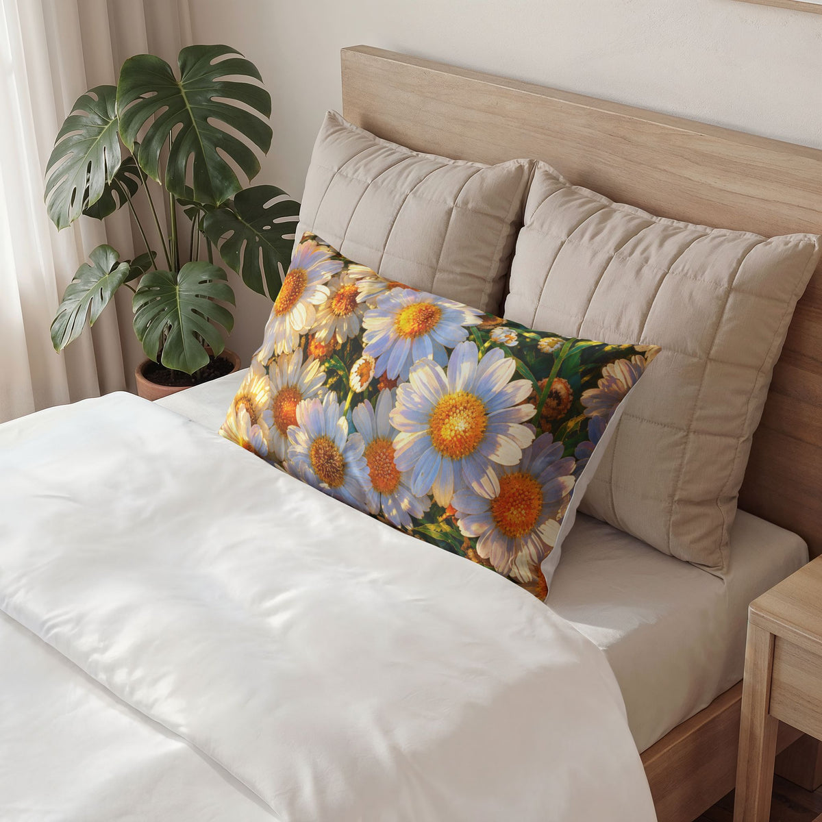 The Dawning Field cotton pillow sham featuring a sunlit white daisy floral print styled on a wooden bed.