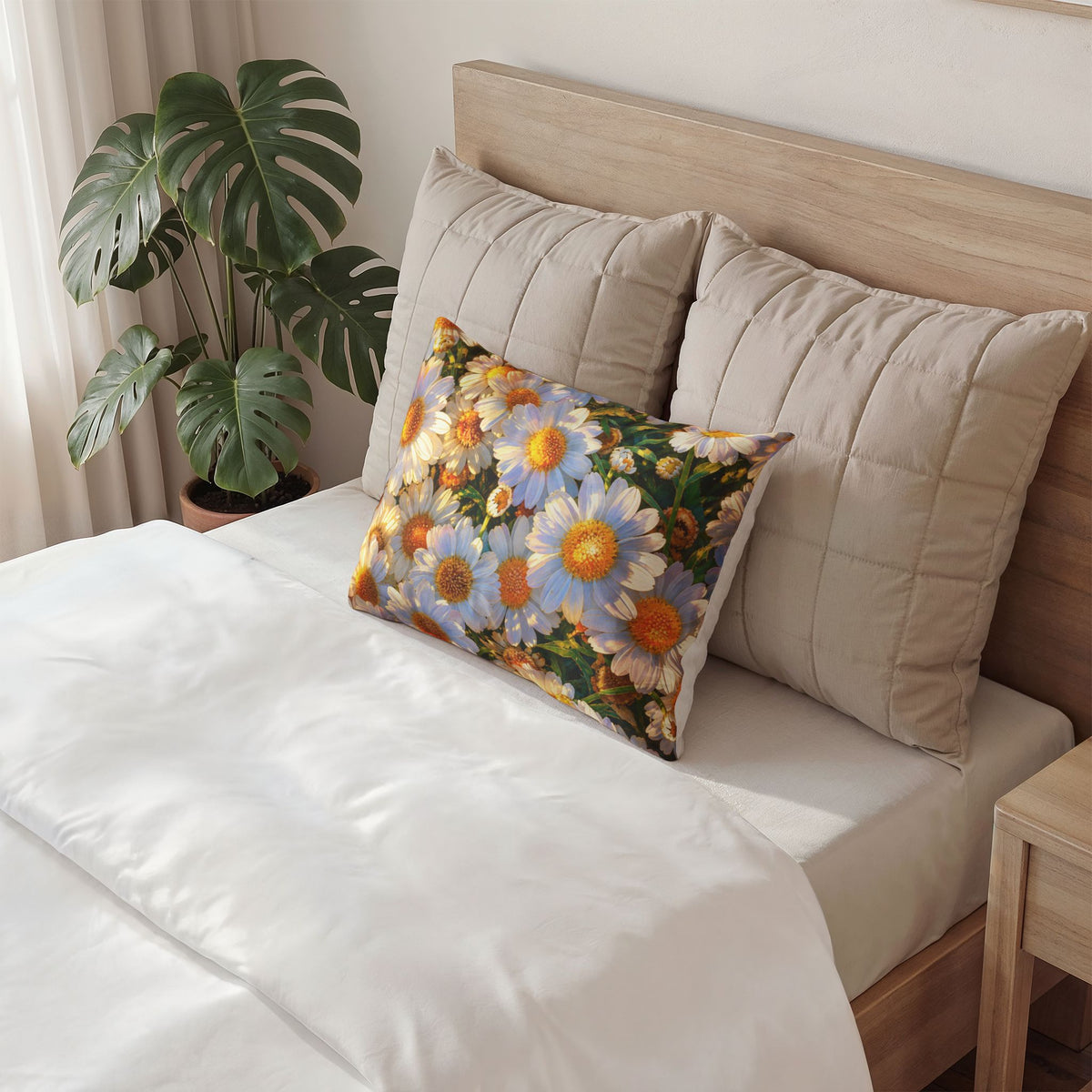 Standard size The Dawning Field cotton pillow sham with golden daisy artwork arranged on a made bed.
