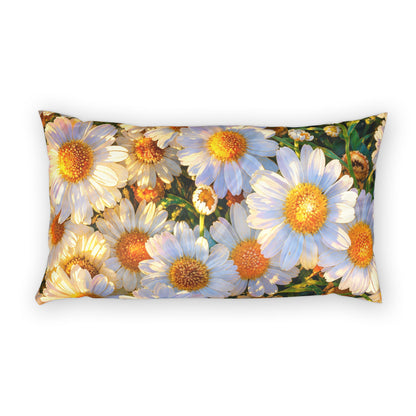 Front view of The Dawning Field cotton pillow sham showcasing vibrant daisy blossoms and warm sunlight.