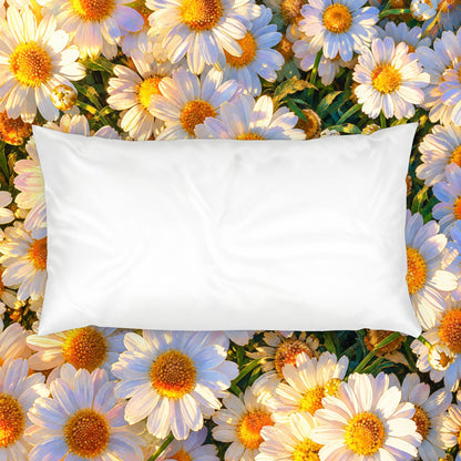 Solid white reverse back of The Dawning Field cotton pillow sham displayed over a daisy print background.