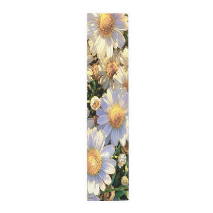 Close-up of the hemmed edges and woven cotton twill texture on The Dawning Field floral table runner.