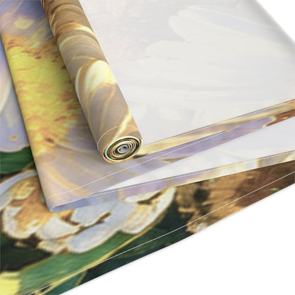 Overhead flat lay of The Dawning Field cotton twill table runner in the longer size option showing blooming daisy illustrations.