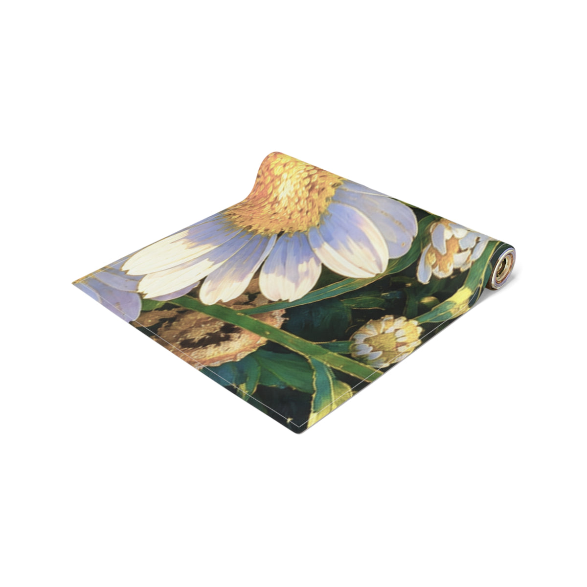 Rolled The Dawning Field cotton twill table runner showcasing a detailed painted daisy flower design on a white background.