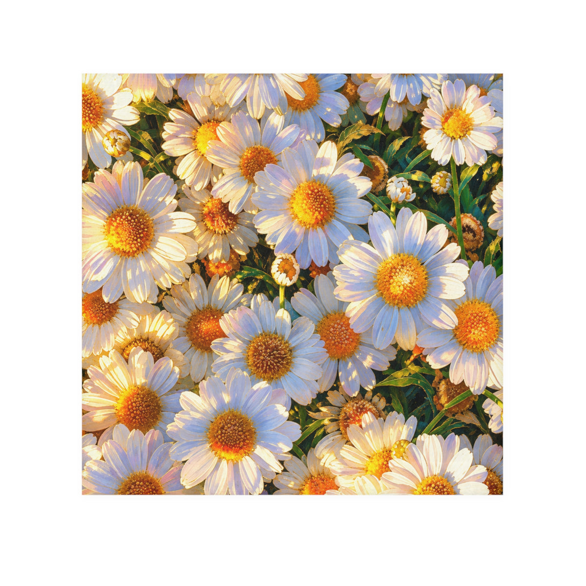 Flat lay of The Dawning Field hand and face towel displaying an all-over botanical print of sunlit white daisies.