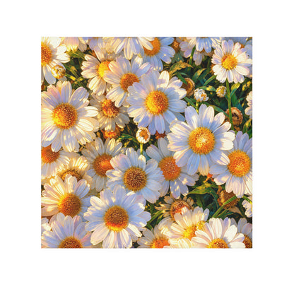Flat lay of The Dawning Field hand and face towel displaying an all-over botanical print of sunlit white daisies.