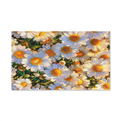 Horizontal flat lay of The Dawning Field hand towel showcasing a rich field of white daisy petals and golden amber centers bathed in warm light.