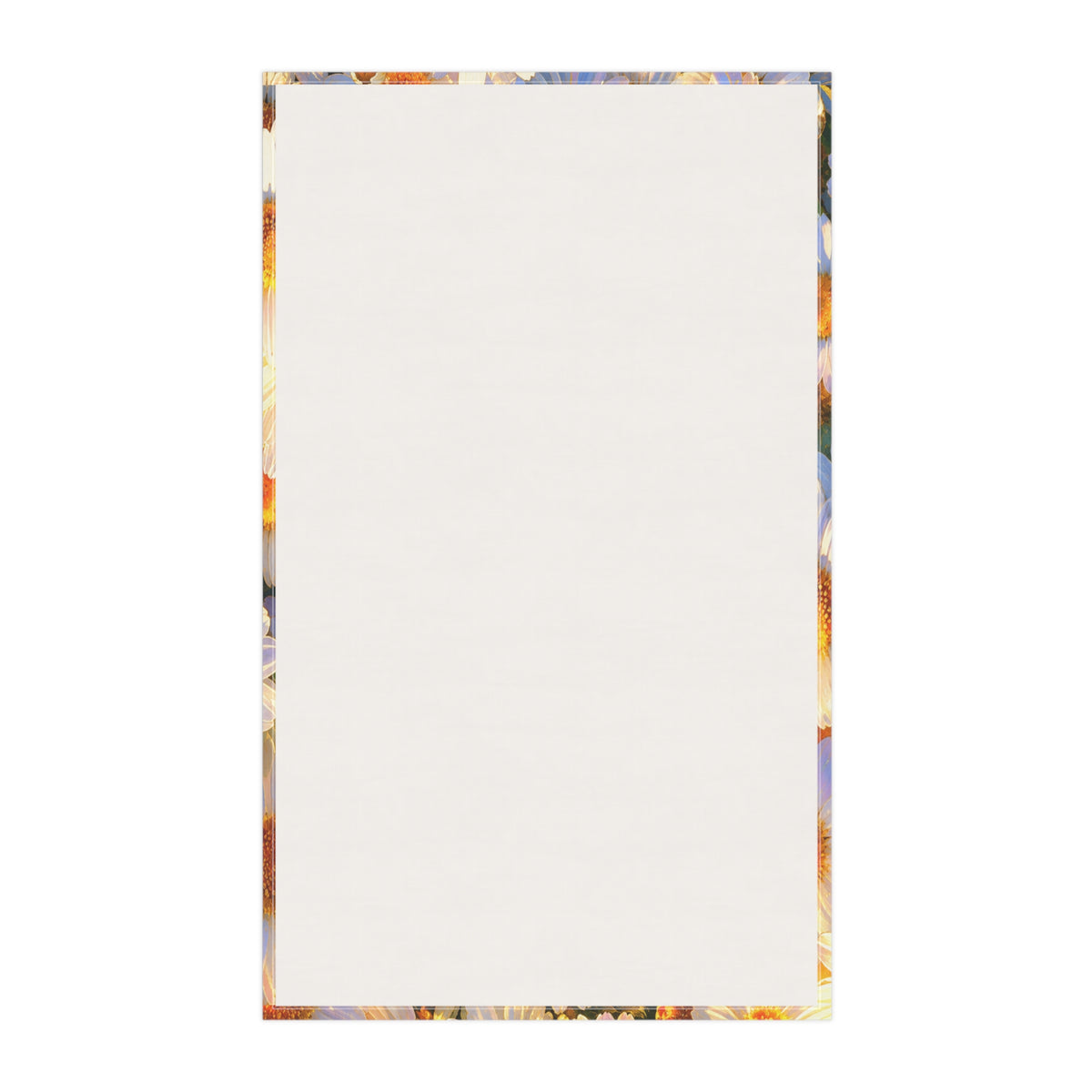 Back side of The Dawning Field kitchen hand towel showing the solid white reverse fabric and finished hemmed edges.