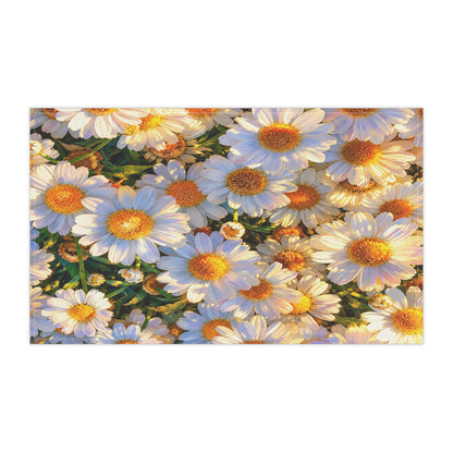 Horizontal view of The Dawning Field kitchen hand towel featuring a dense field of blooming white daisies in sunlight.