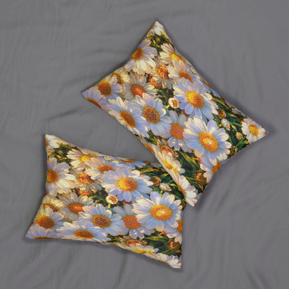 Top-down view of two The Dawning Field Lumbar Pillows with vibrant botanical daisy art arranged on gray bed linens.