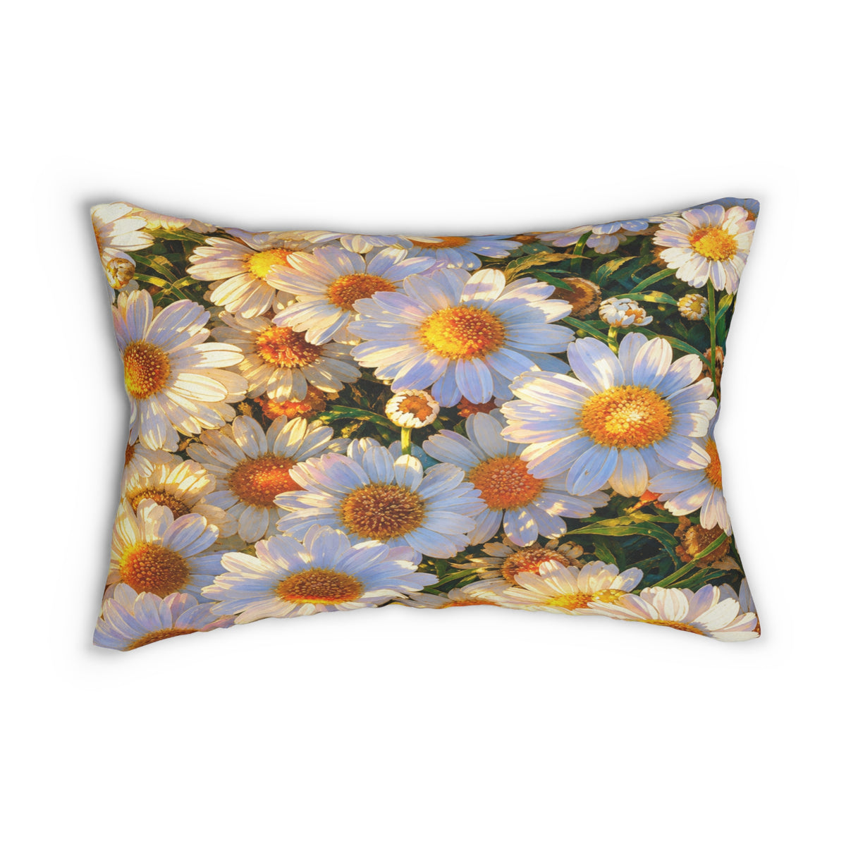 Front view of The Dawning Field Lumbar Pillow showing sunlit white daisies with warm amber centers on an isolated background.