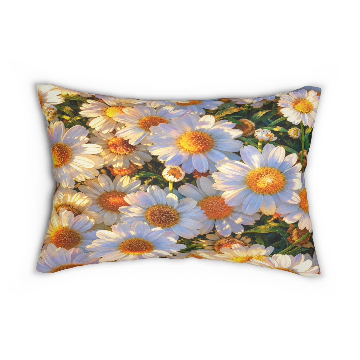 Angled isolated view of The Dawning Field Lumbar Pillow highlighting edge-to-edge floral artwork with blooming field daisies.