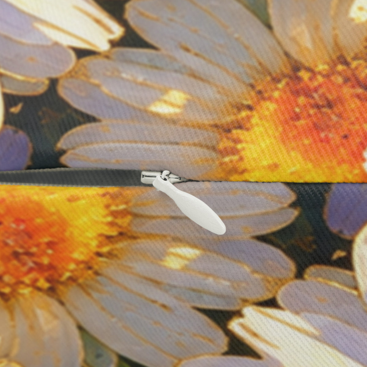 Close-up detail of the concealed white zipper closure and woven fabric texture on The Dawning Field Lumbar Pillow.