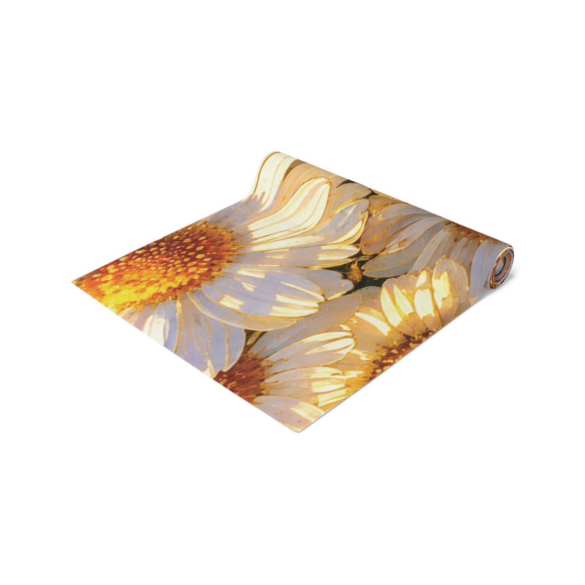 Full vertical flat lay of The Dawning Field polyester table runner featuring an oil-painted daisy field design on a white background.