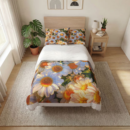 The Dawning Field quilt cover set styled on a wooden bed with floral pillow shams in a sunlit bedroom setting.