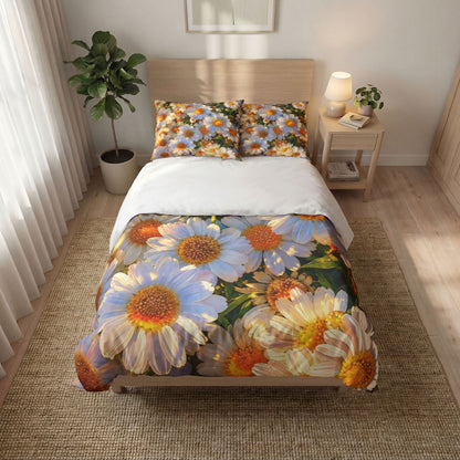 Angled view of The Dawning Field floral quilt cover set and matching shams dressed on a modern platform bed.