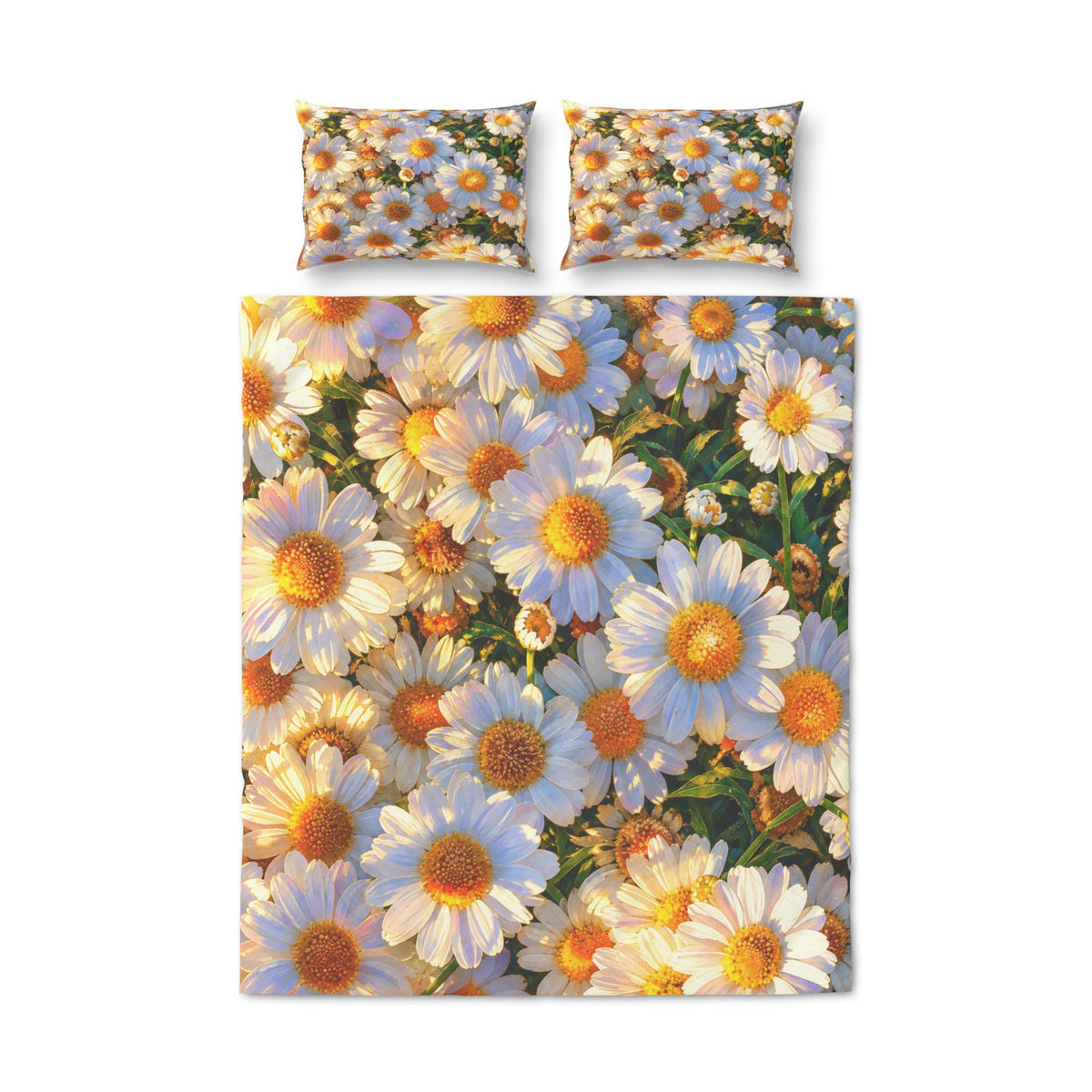Flat lay of The Dawning Field full-bleed floral quilt cover paired with two matching botanical pillowcases.