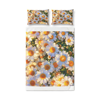 Flat lay presentation of The Dawning Field quilt cover featuring crisp white header borders and two matching pillow shams.