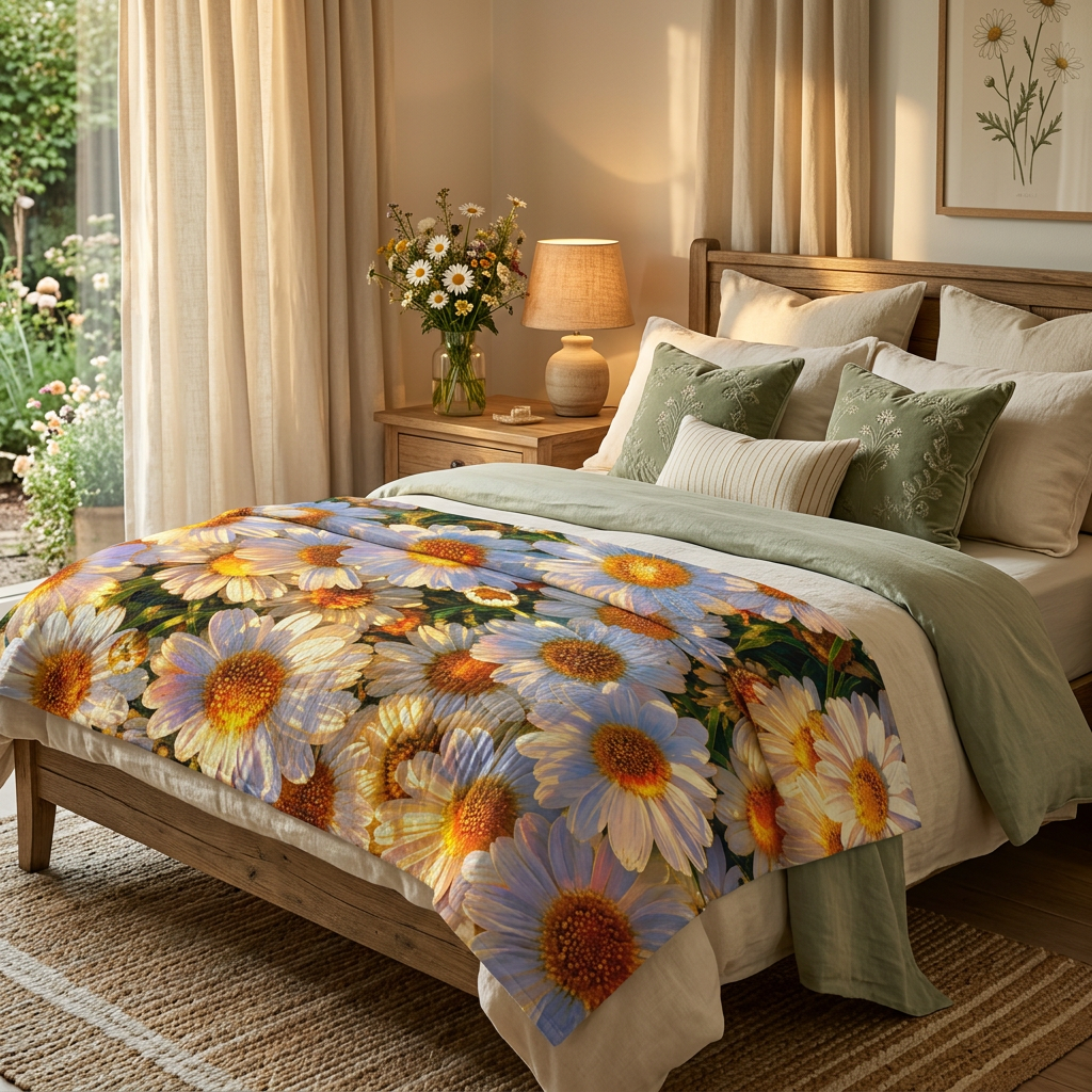 The Dawning Field quilted throw blanket styled across the foot of a wooden bed in a sunlit bedroom.