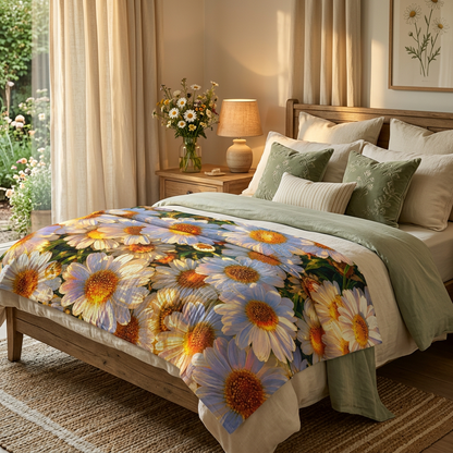 The Dawning Field quilted throw blanket styled across the foot of a wooden bed in a sunlit bedroom.