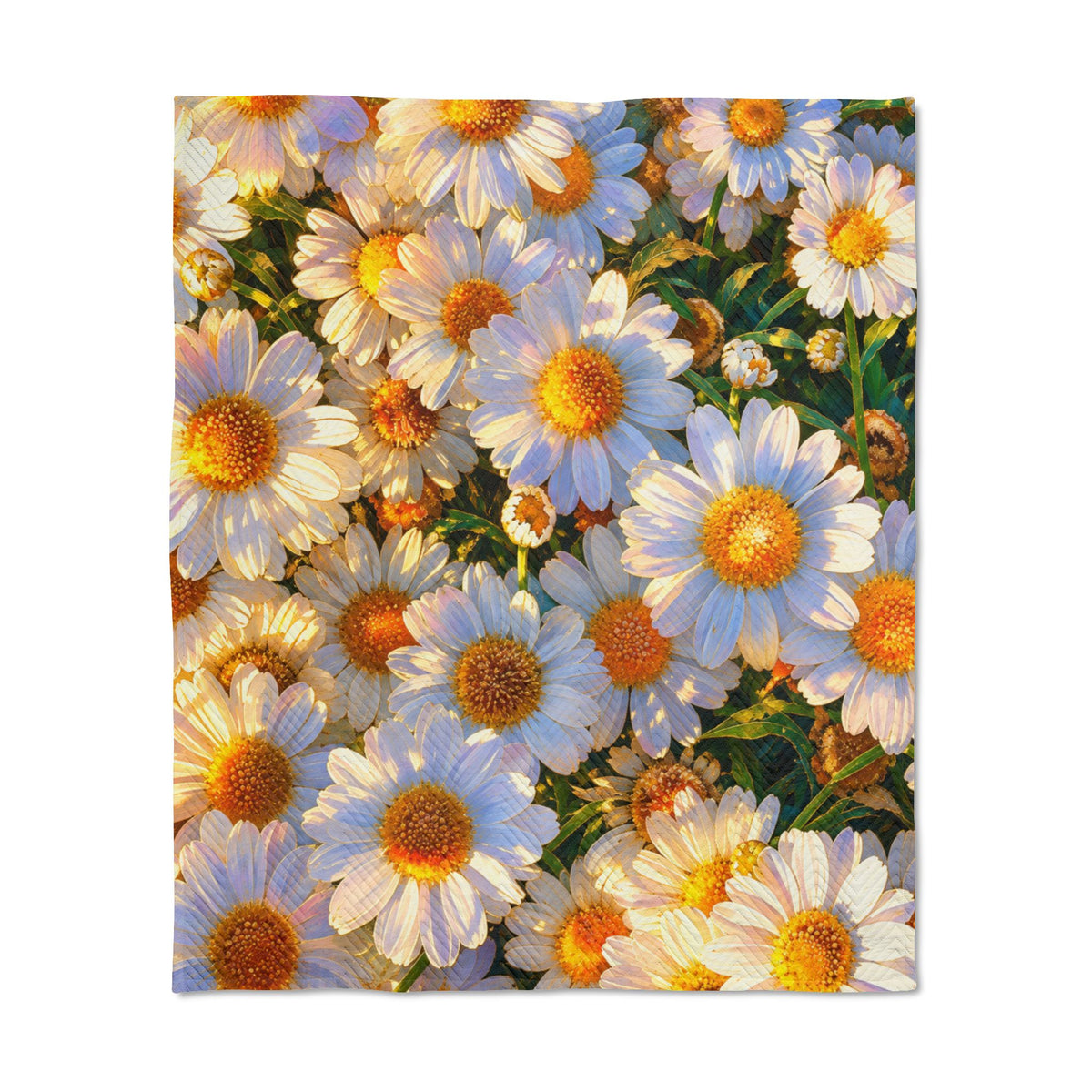 Full flat-lay view of The Dawning Field quilted throw featuring an all-over white daisy floral print.
