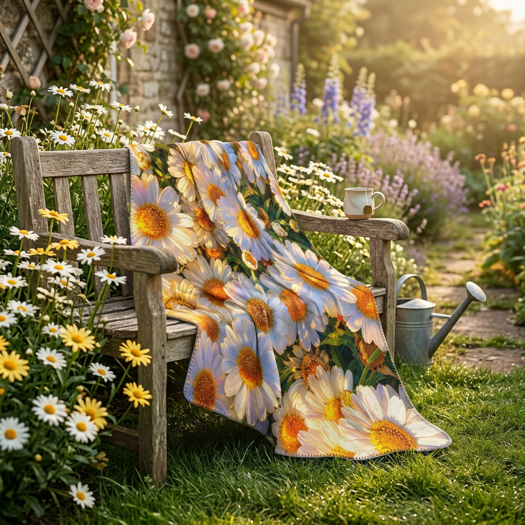 The Dawning Field quilted daisy throw draped over a rustic wooden bench in a blooming cottage garden.