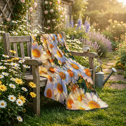 The Dawning Field quilted daisy throw draped over a rustic wooden bench in a blooming cottage garden.