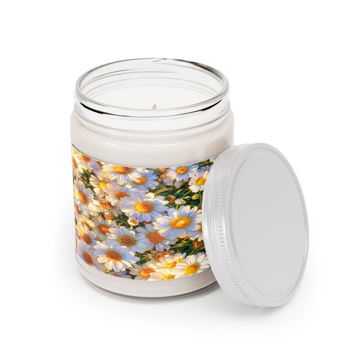 Front view of The Dawning Field 9oz scented soy candle in a clear glass jar with closed white lid on a white background.