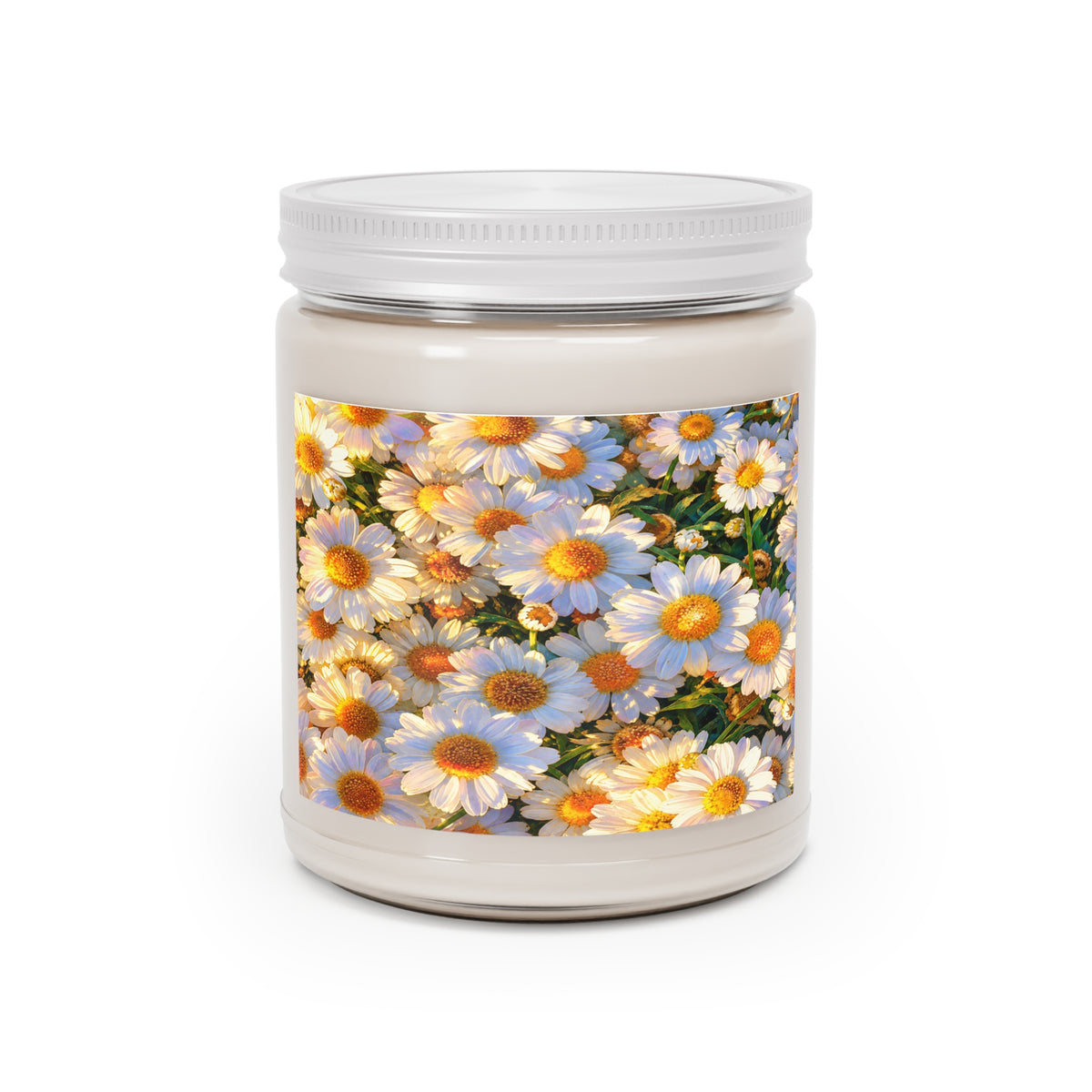 Angled product view of The Dawning Field 9oz soy candle in a glass jar with its white screw lid resting open alongside.