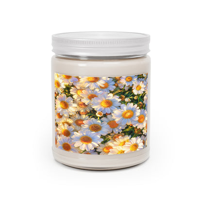 Angled product view of The Dawning Field 9oz soy candle in a glass jar with its white screw lid resting open alongside.