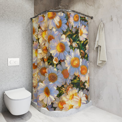 The Dawning Field shower curtain with daisy floral print hanging on a curved rod in a modern corner stall bathroom.
