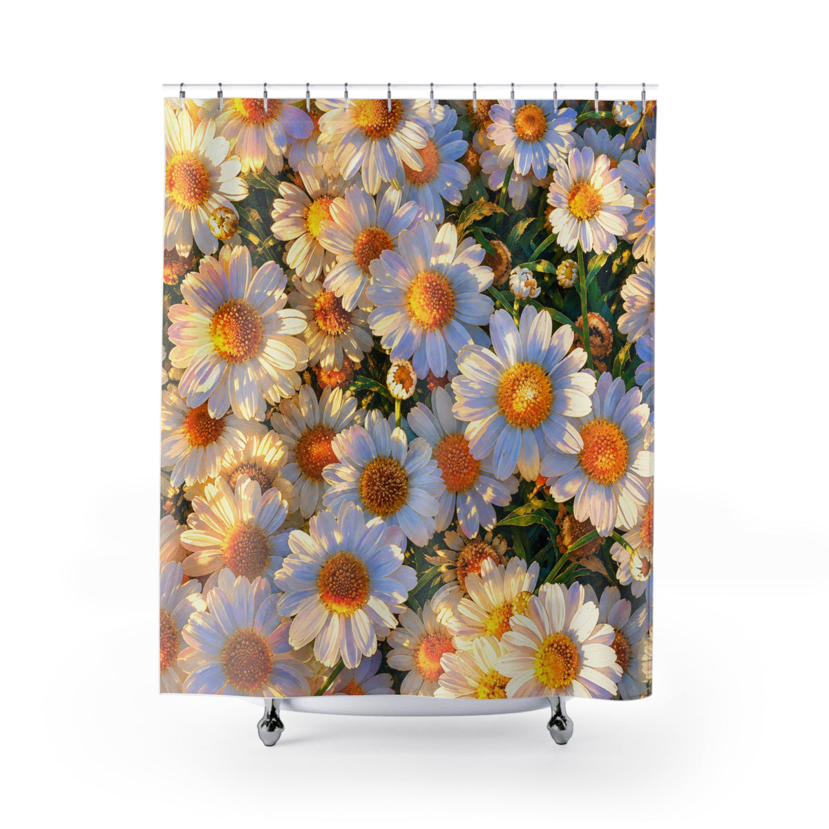 Full front view of The Dawning Field shower curtain displaying an all-over print of blooming white daisies.