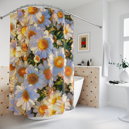 The Dawning Field botanical daisy shower curtain draped around an oval freestanding tub in a bright bathroom.