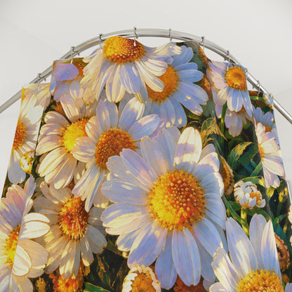 Close-up detail of The Dawning Field shower curtain showing vibrant daisy petals, golden centers, and header rings.