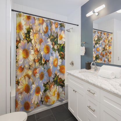 The Dawning Field daisy shower curtain installed alongside a white vanity, marble counter, and mirror.
