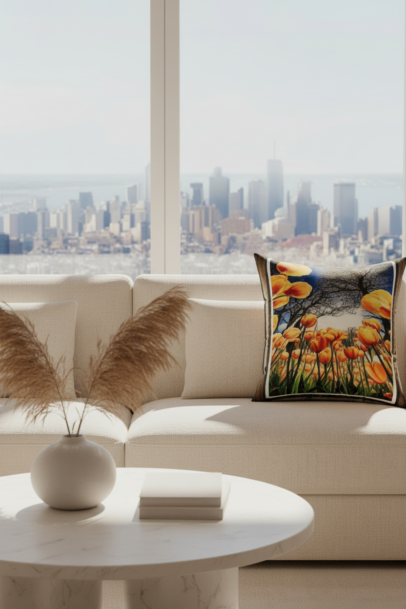 The Garden Beyond the Winter faux suede pillow on a modern cream couch in a high-rise living room overlooking a city skyline.